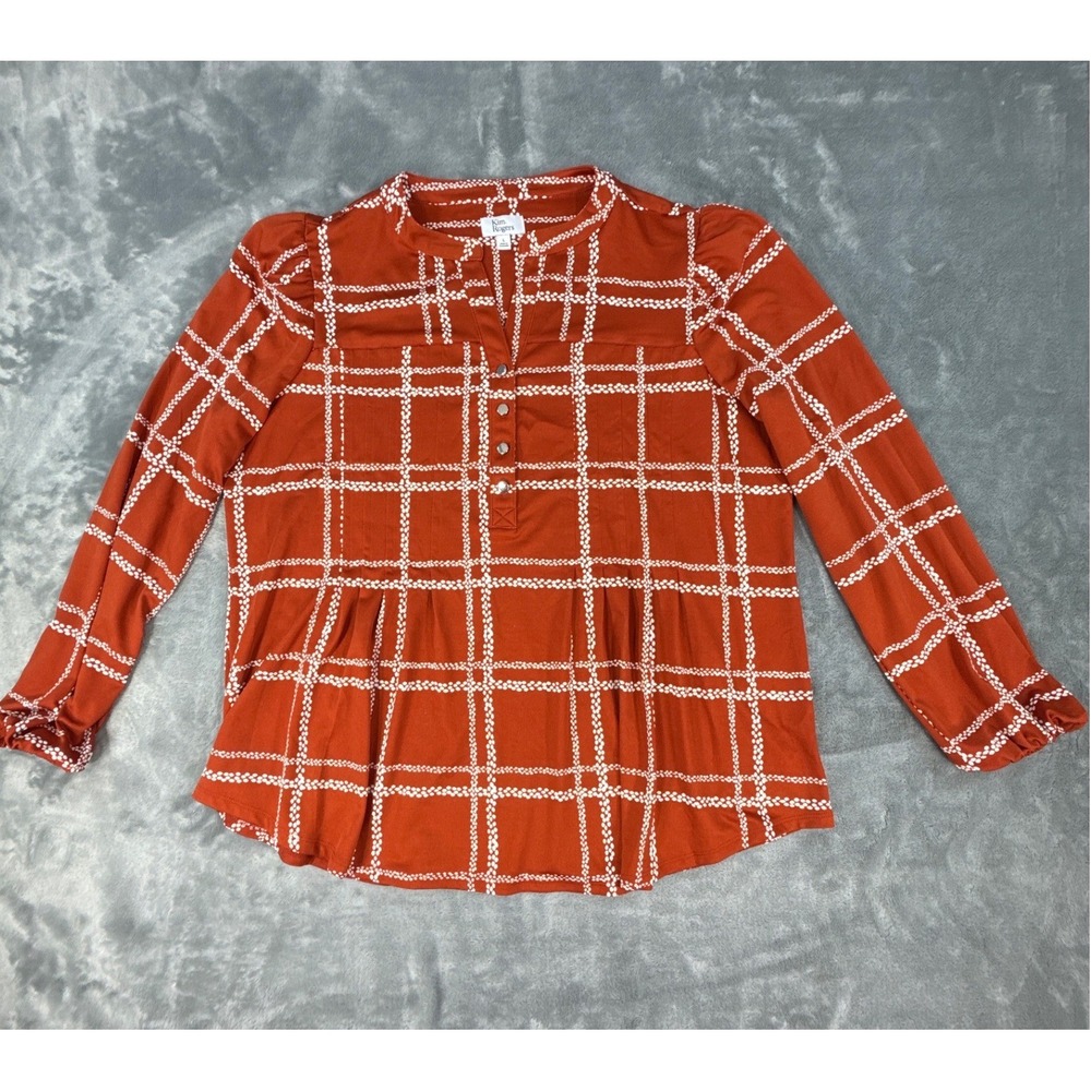 Kim‎ Rogers Rust Orange Dotted Grid Plaid Long Sleeve Blouse Peasant Top Large